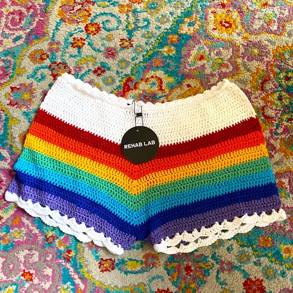 Dolls Kill Pants - Rehab Lab - crochet rainbow shorts